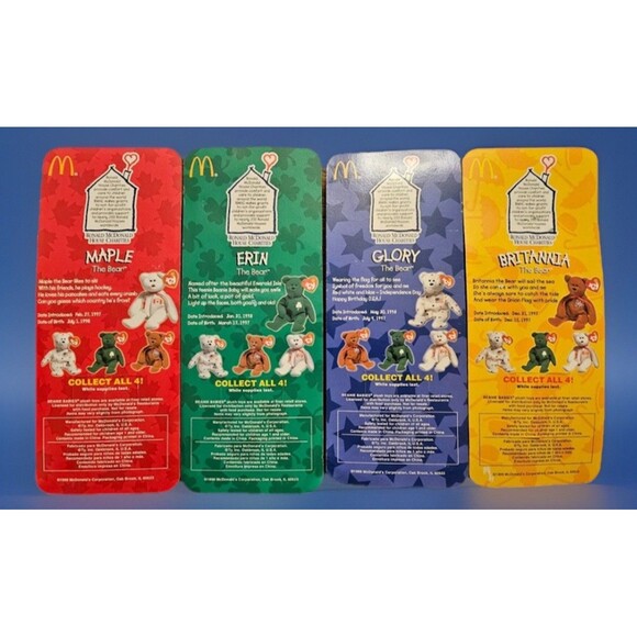 TY McDonalds Beanie Baby Erin Maple Britannia Glory the Bear1999 FULL Set of 4 - Picture 2 of 12